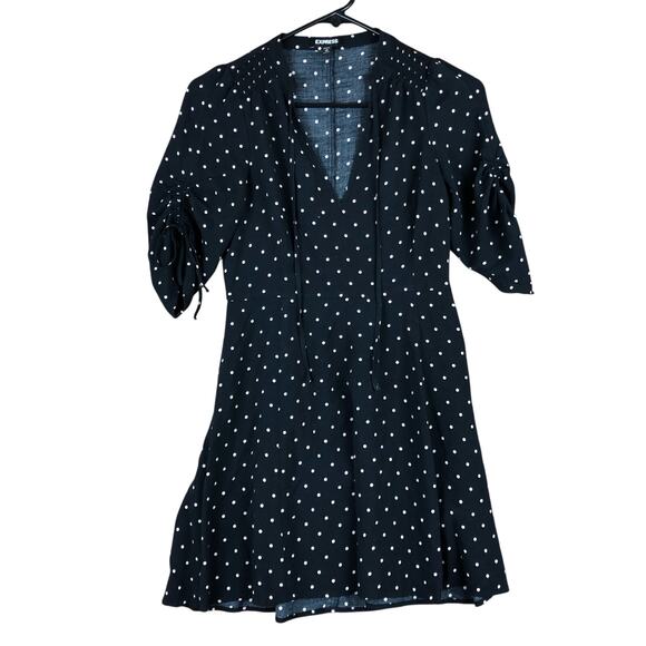 Express Womens Dress Black White Polka Dot Flowy Midi Casual Wear Petite XSmall - Picture 1 of 11